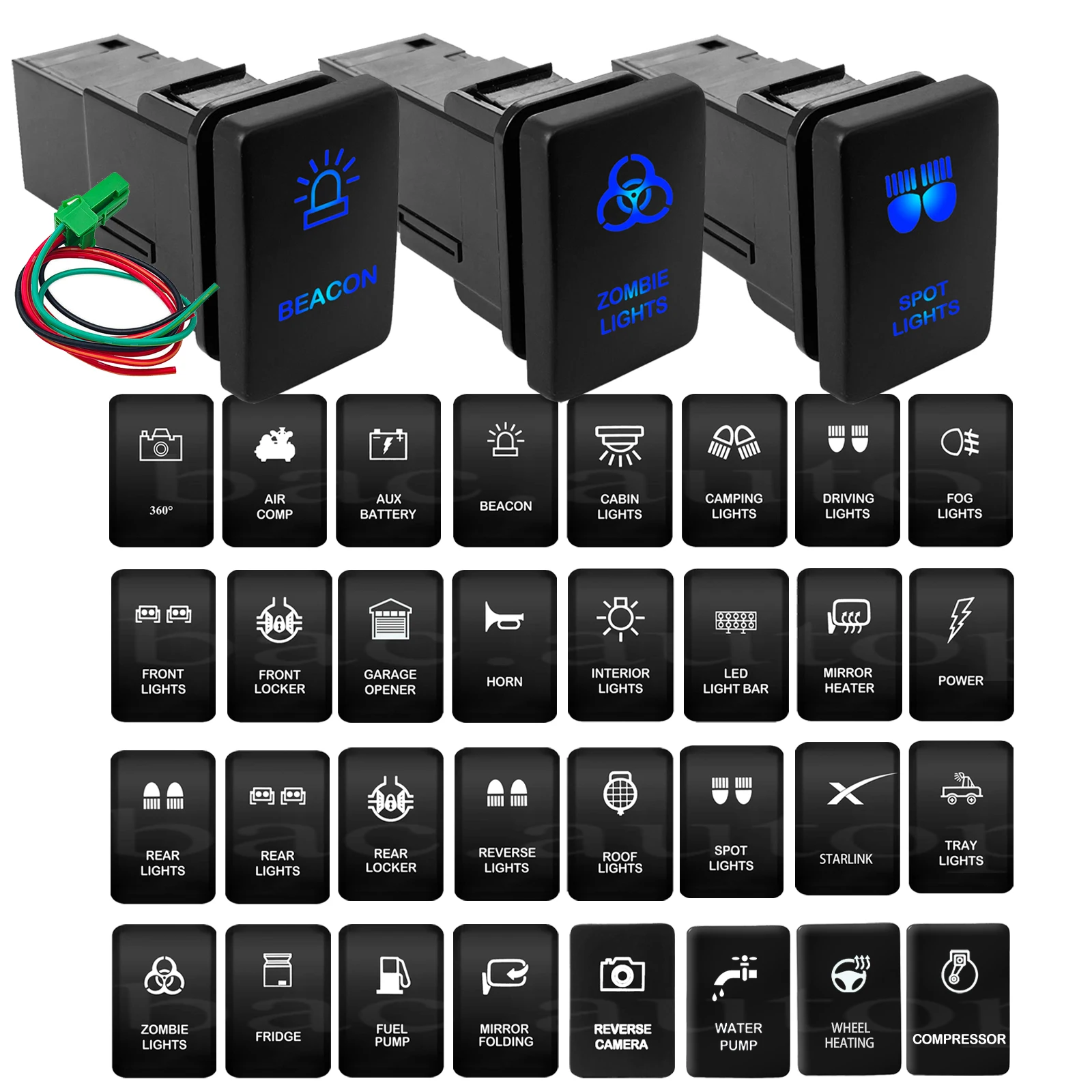 12V Car Push Button Switch Connector Blue Led Light Bar Horn Starlink For Toyota Prado 150 200 Landcruiser Hilux RAV4 Carolla
