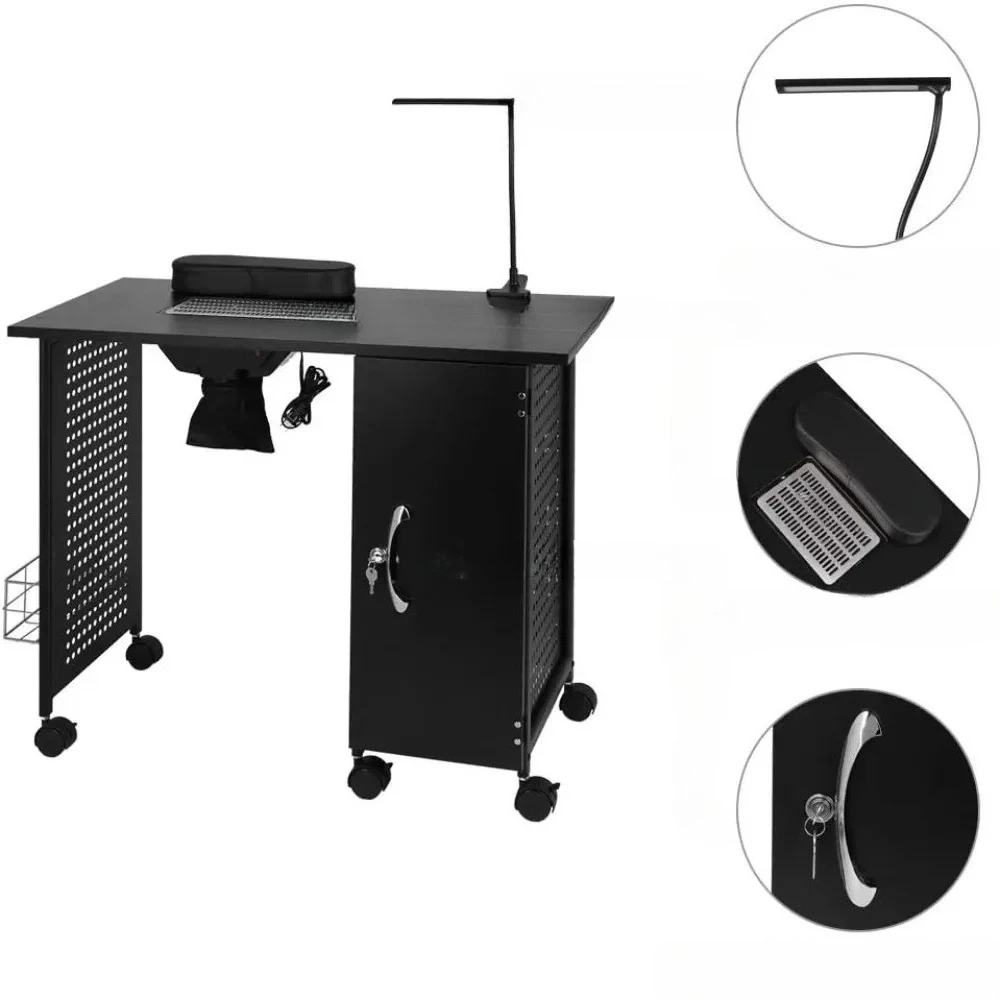 

# l Manicure Table Nail Desk with Electric Downdraft Vent, Beauty Spa Salon Workstation Iron Frame with Lockable Cabinet