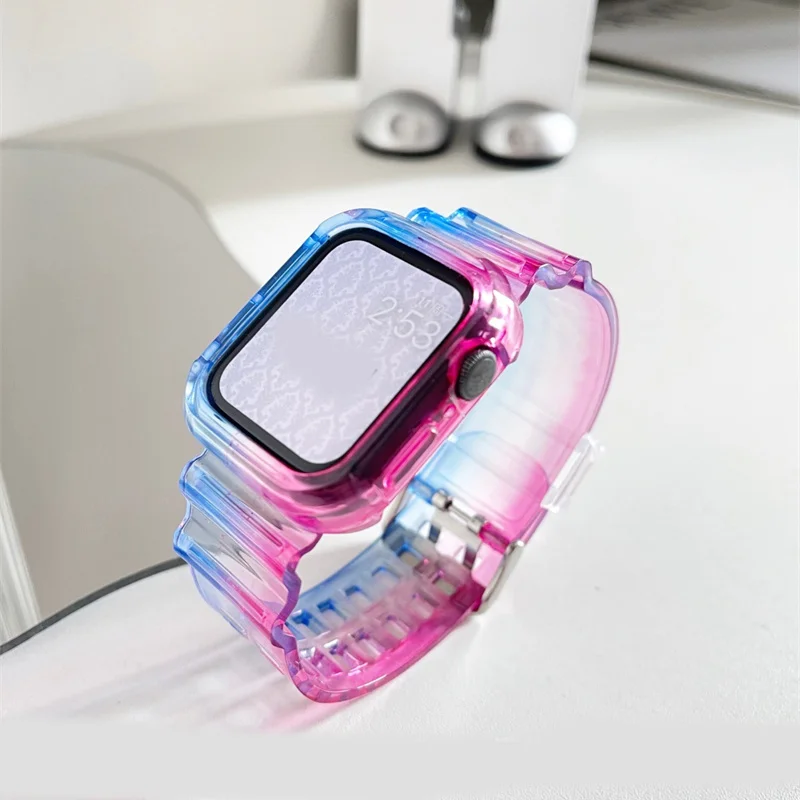 Gradient Clear Band For Apple Watch Series 8 7 6 5 4 Transparent Silicone Bracelet For Iwatch 41 45 42 38 40 44mm New Case+Strap