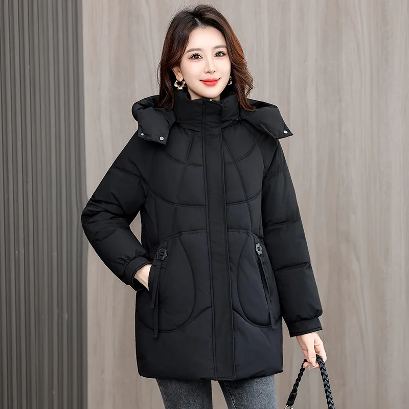 Hooded Parkas Coats Women Mid Lenth Jackets Solid Zipper Pocket Button Long Sleeve Wide Waist Loose Fit Thick Casual 2025 Winter
