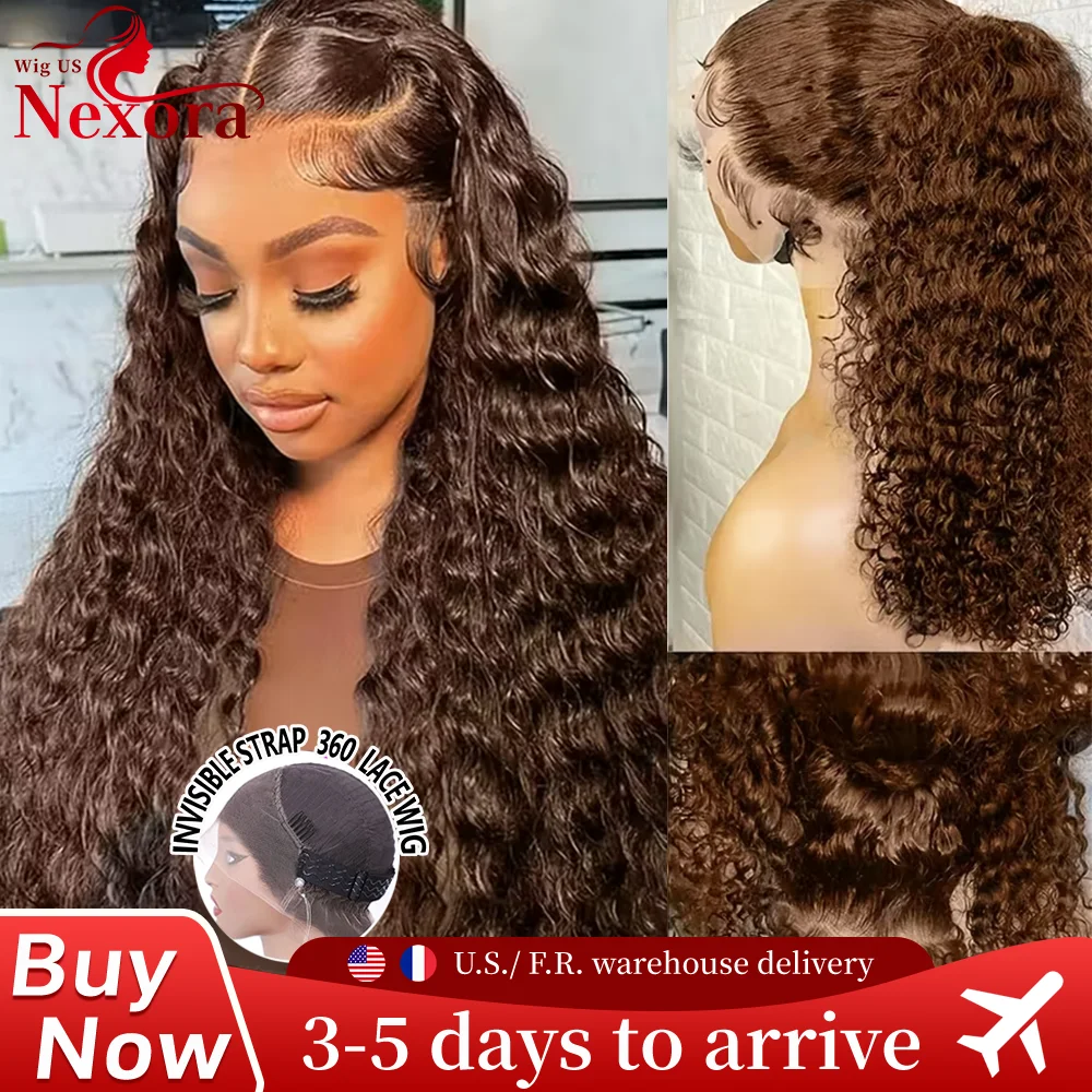 

Парик из натуральных волос Deep Wave Invisi Strap 360 HD Lace Front, бразильская волна, шоколадно-коричневый, без клея, 220% плотность