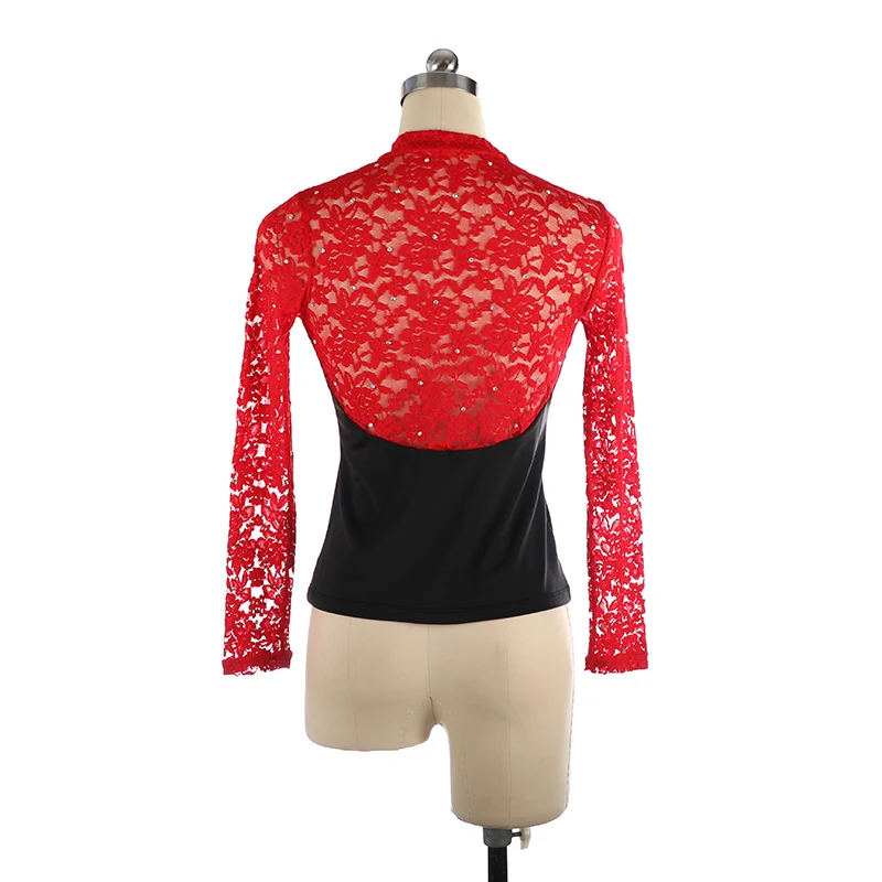 Women\'s Figure Skating Competition Training T-shirt Adult Artistic Gymnastics Tight Fit Round Neck Long Sleeve Lace Black Red