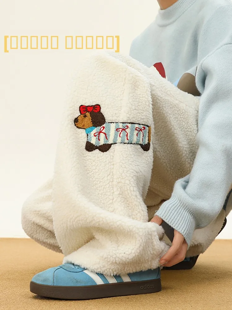 

Lamb Velvet Thiened Winter Casual Pants Men's Fce Lined Straight Leg Wide Leg Cotton Trousers Lazy Loose Fit Sle