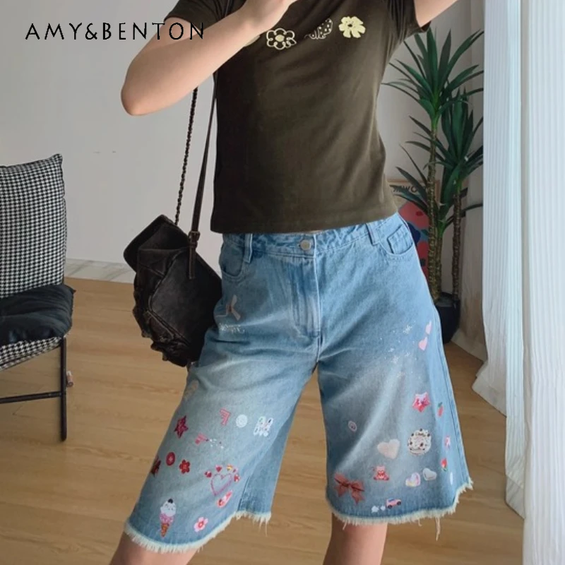 

American Summer New Light Blue Sticker Print Women's Denim Shorts Original Casual Wide-Leg Straight Denim Middle Pants Ladies
