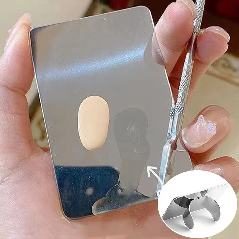 1/2 Peças Espátula de Mistura de Maquiagem com Anel, Bandeja de Aço Inoxidável para Mistura de Maquiagem, Organizador Portátil de Cosméticos, Paleta para Nail Art