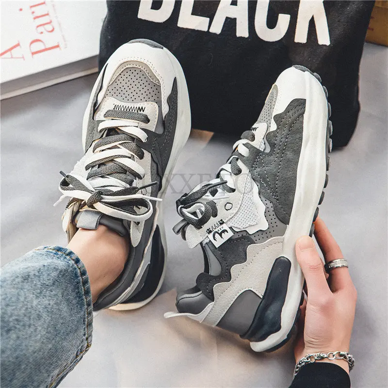 Casual Thick Bottom Sports Men Shoes Mesh Breathable Fashion Tennis Men Sneakers Increasing Flat Heel Basket Runway Shoes