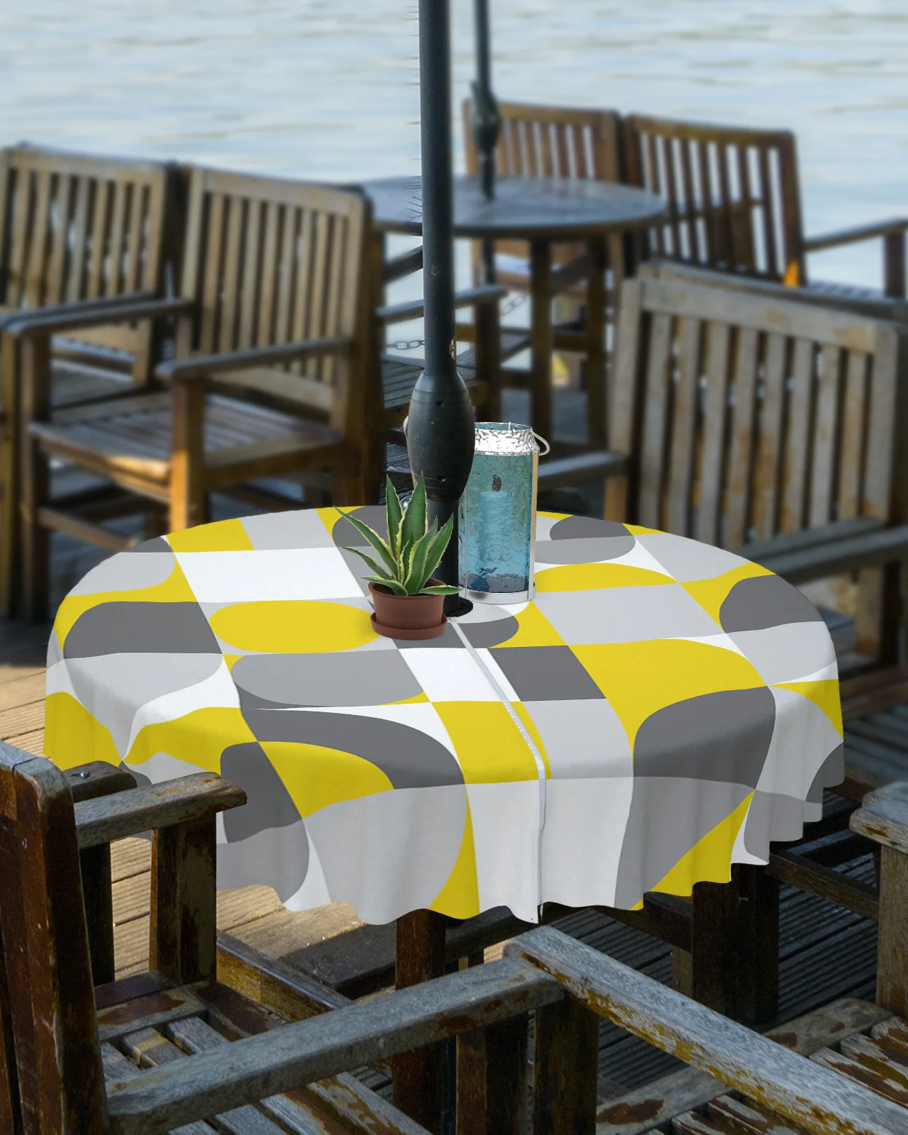 Nordic Retro Medieval Geometry Outdoor Tablecloth with Umbrella Hole Zippered Waterproof Picnic Patio Round Table Cover