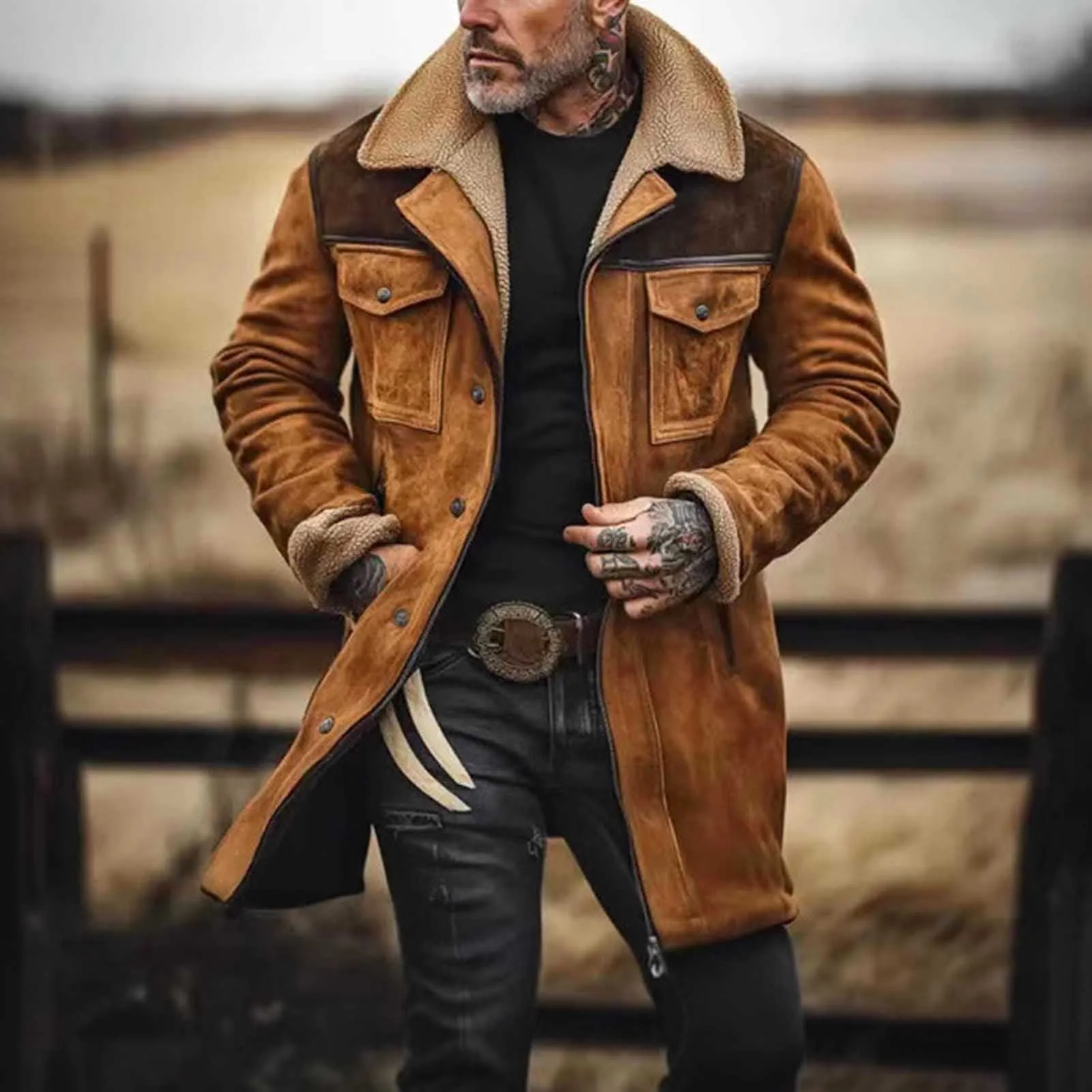 Men Suede Jacket Plush Lapel Vintage Multi Pockets Cargo Jacket Zipper Up Mid-length Motorcycle Coat Velvet Fabric Winter Coat