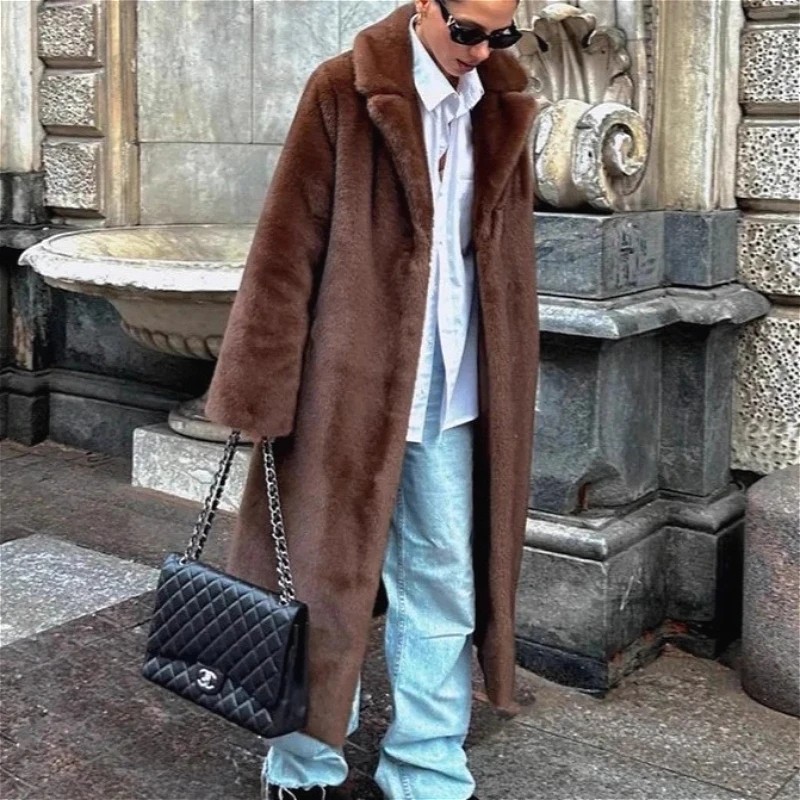 

Faux Mink Fur Coats Women Solid Long Fur Jackets Pocket Lapel Collar Long Sleeves Open Stitch Loose Casual 2025 Autumn Winter