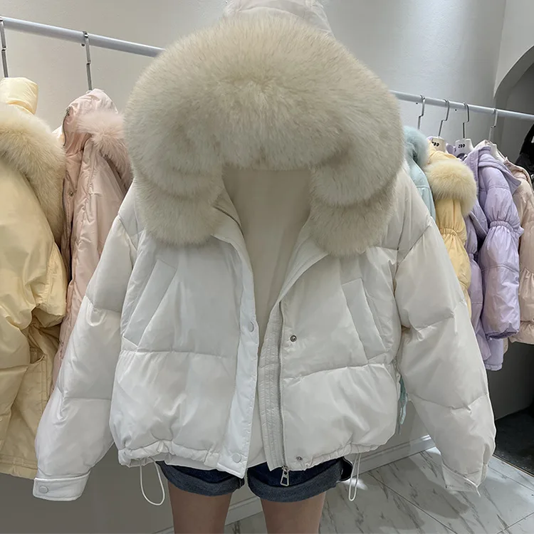 Korean short down jacket with real fox fur collar 2024 new fashionable loose winter thick white duck down jacket