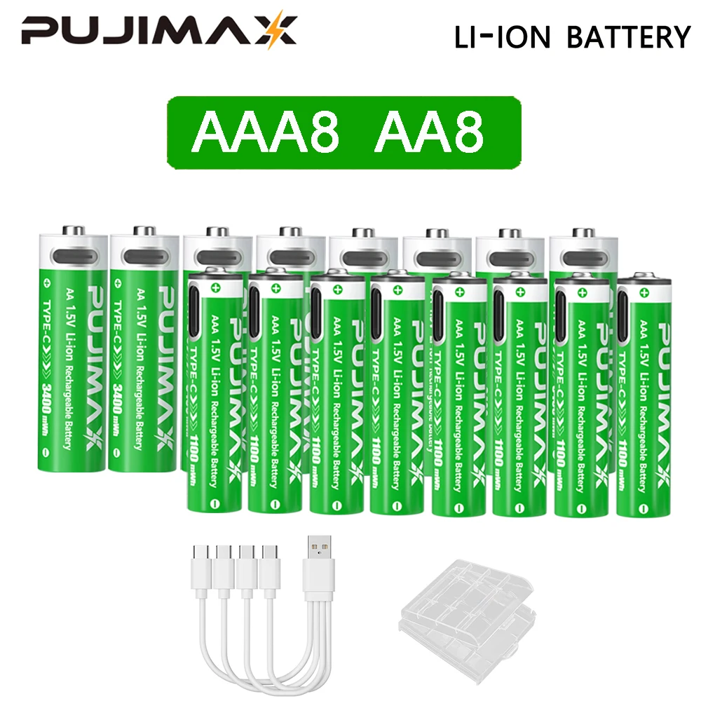 PUJIMAX 1,5 V AAA/AA 3400 mWh 1100 mWh oplaadbare batterij USB Type-C oplaadbare Li-ion batterij voor afstandsbediening elektrisch speelgoed