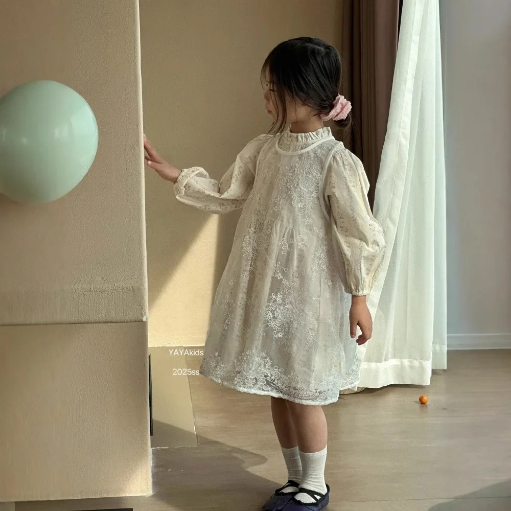 Girls Dress 2026 Spring New Korean Floral Cotton Embroidery Lace Cover Dress Two Piece Set Kids Clothes