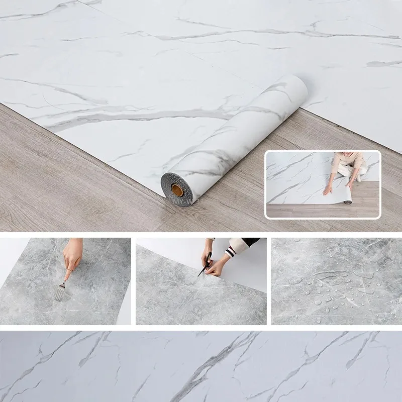PVC Imitation Marble Contact Floor Tiles Waterproof Non-Slip Self-Adhesive Wallpaper Peel and Stick Wear-Resistant Floor Sticker
