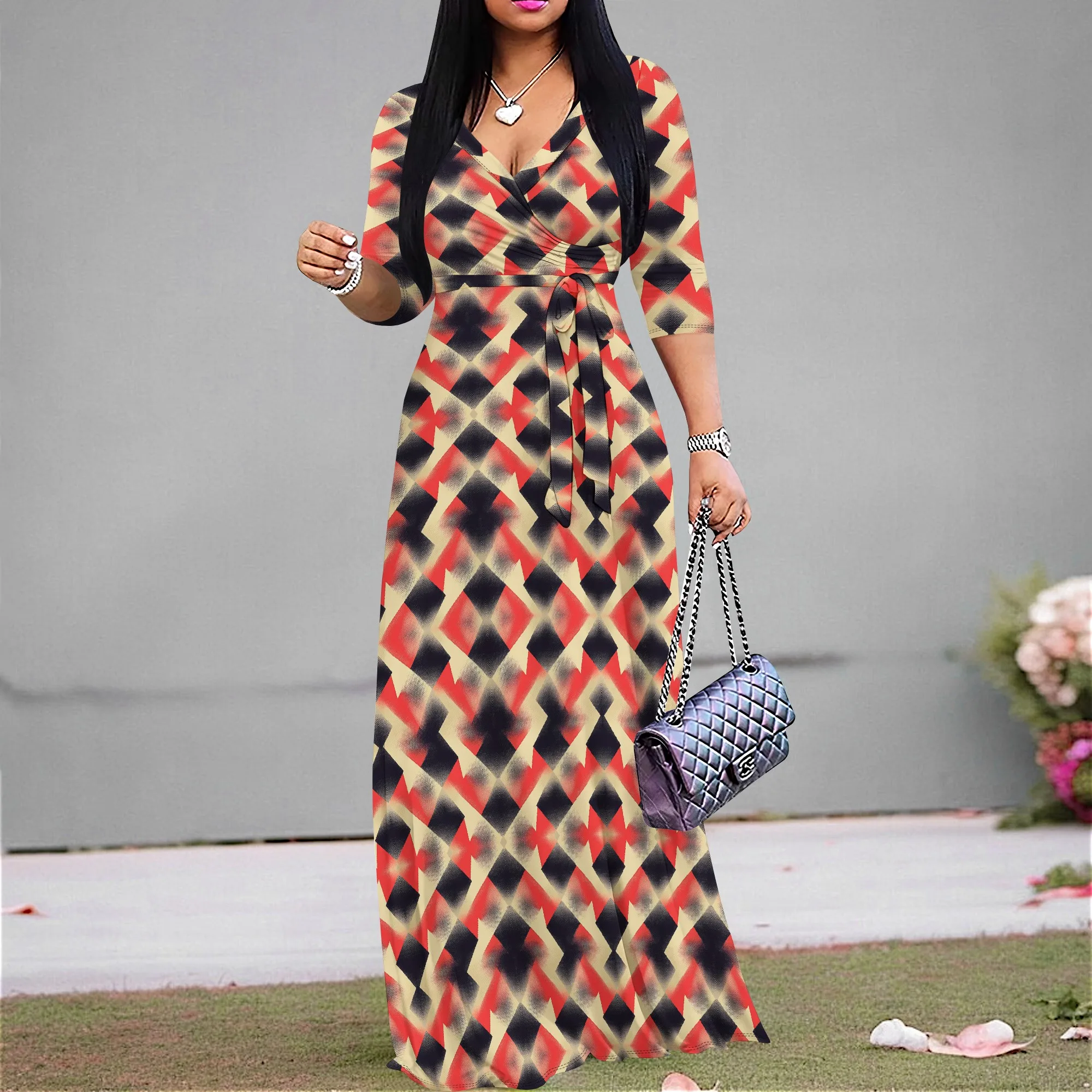 

Summer Fashion African Dashiki Tropical Print Belted Maxi Dresses Red Ankara Style V-neck Long Sleeve For Women Robe Dress