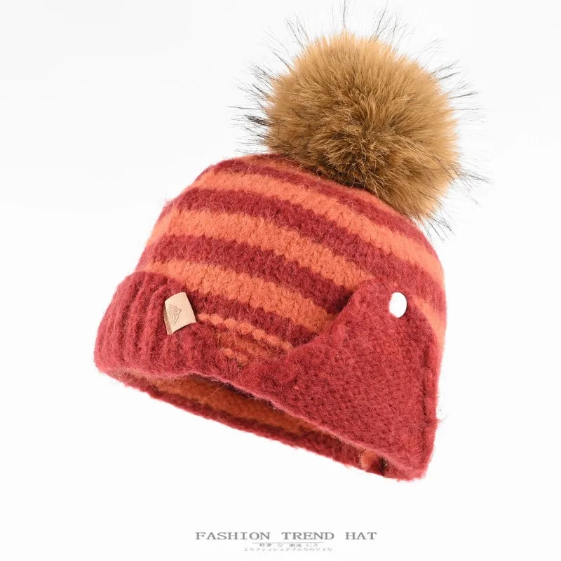 Women's Autumn Winter Striped Warm Knit Beanie Ear Cover Slim Face Hat