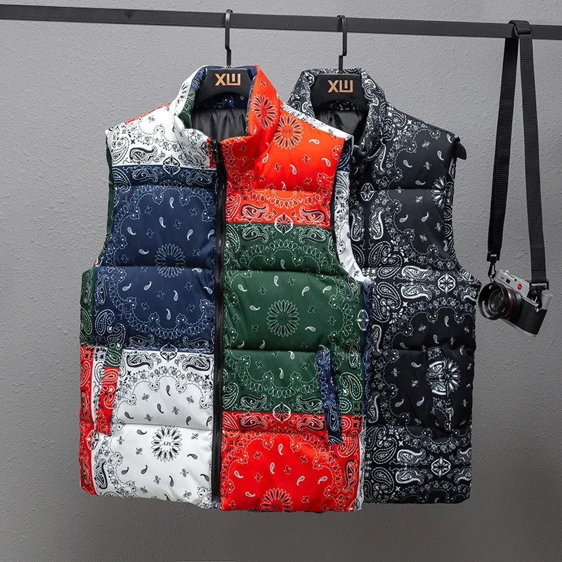 Fashion Print Men\'s Thick Warm Vest  Patchwork Cotton-Padded Vests Coats Male Sleeveless Vest Jackets Warm Waistcoats Clothing