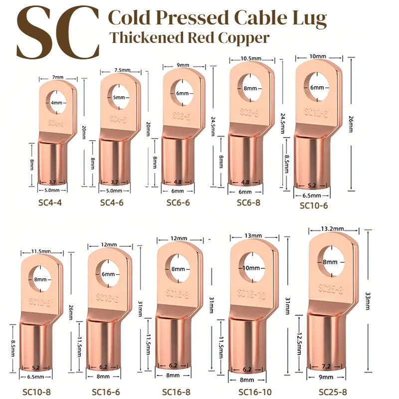 5/10/20pcs Copper Lug Ring Wire Connectors Bare Cable Electric Crimp Terminal SC4-6 SC6-6 SC6-8 SC10-6 SC16-6 SC16-8 SC25-8