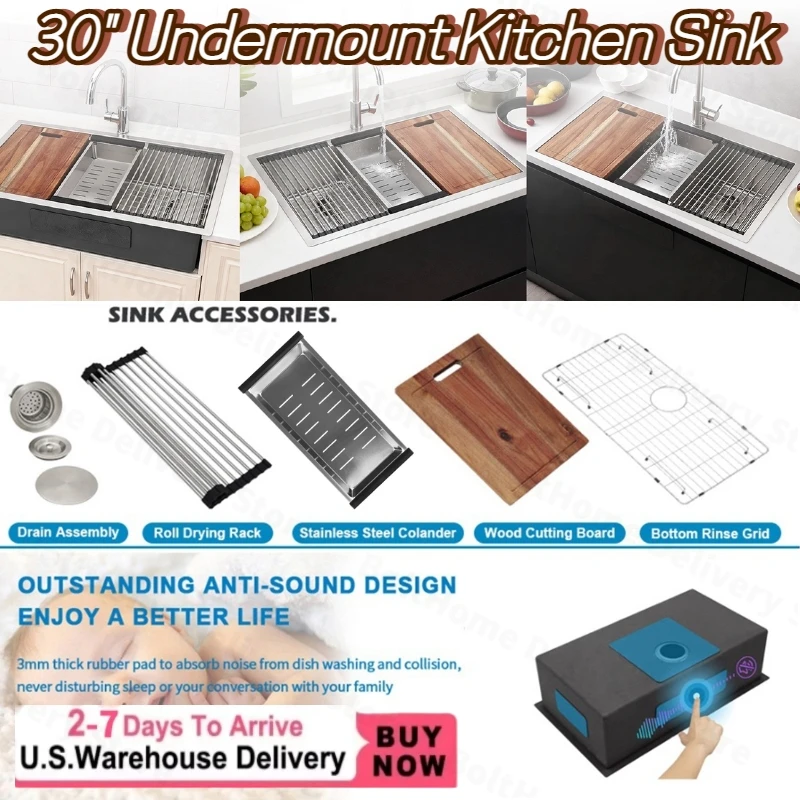 

30-inch Undermount 16 Gauge Stainless Steel Workstation Kitchen Sink Single Bowl Chef Sink with Cutting Board & Accessories