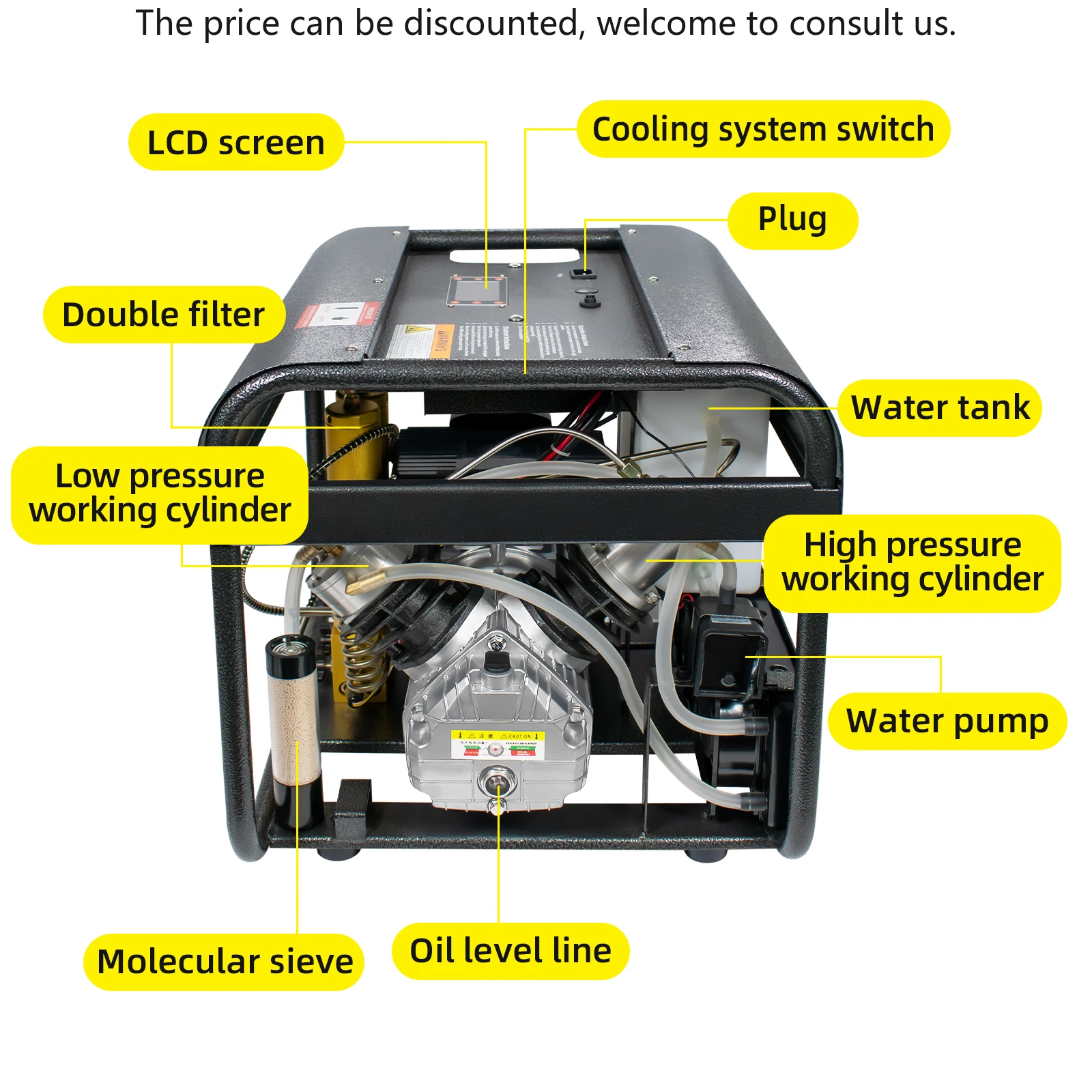 

TUXING LCD Display Screen 110V/220V 300bar Double-Cylinder Auto Stop Built-in Filter Water Tank Diving Inflator Air Compressor