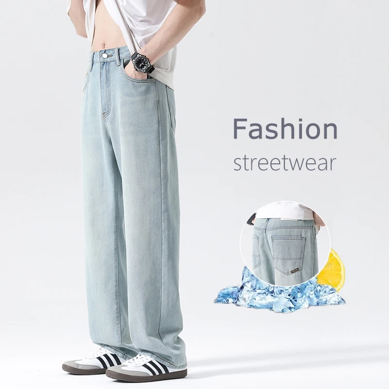 

New Casual Straight Men's Jeans Vintage Simple Nostalgic Blue Fashion Labeling Wide Legs Denim Trousers Male Streetwear