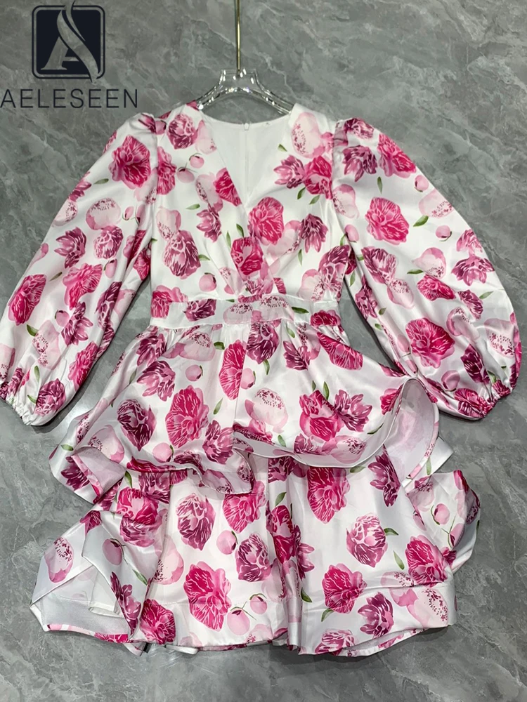 AELESEEN Women Casual Mini Dress Design Fashion Long Lantern Sleeve V-Neck Pink Blue Flower Print Cascading Ruffles Holiday