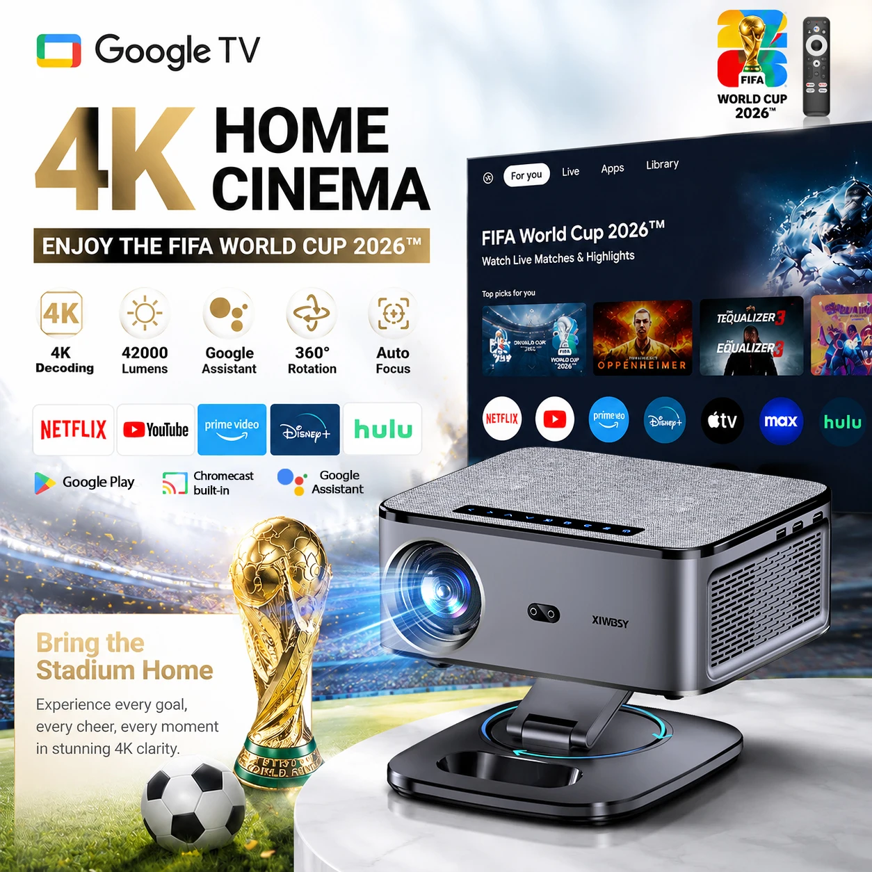 Proyector Portátil XIWBSY 2026 4K UHD, 42000 Lúmenes, Proyector de Cine con Google TV, BT5.4, WiFi6, Android TV 11.0, Proyector Inteligente para el Hogar