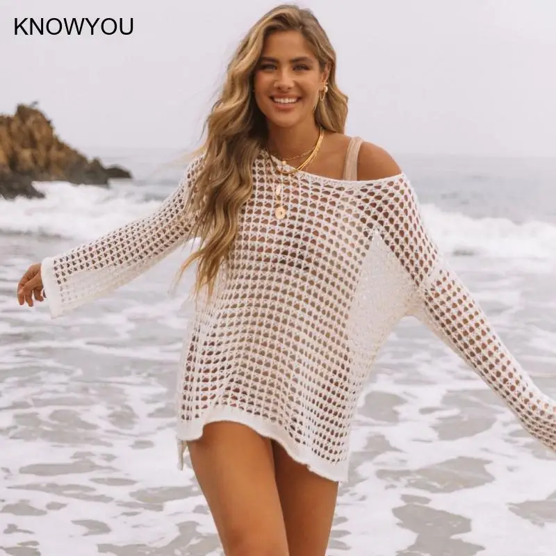 Schwimmen Vcay Sommer Covers Up Frauen Urlaub Beachwear Freizeit Lose Gestrickte Badeanzug Cover-Up Hohl-Out Design Pullover Suncare