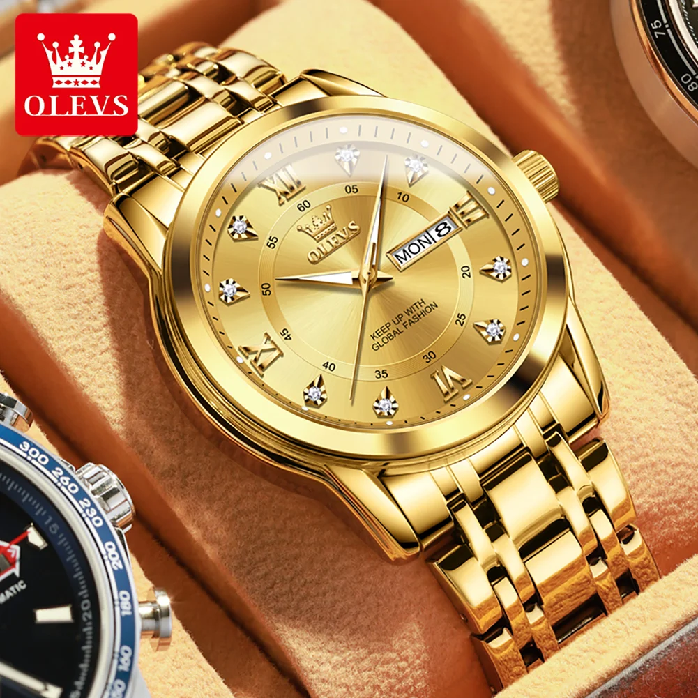 OLEVS Quartz Watch for Men Luxury Diamonds Gold Watch Waterproof Luminous Stainless Steel Business Men\'s Quartz Watch Mens Watch