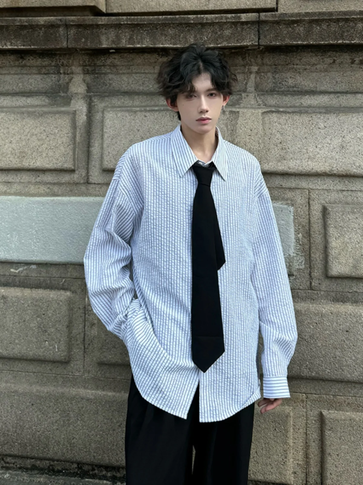 

Cleanfit Striped irt Men's Korean Sle Casual High-End Long Sve American oulder Outerwear Polyester Fiber Waed