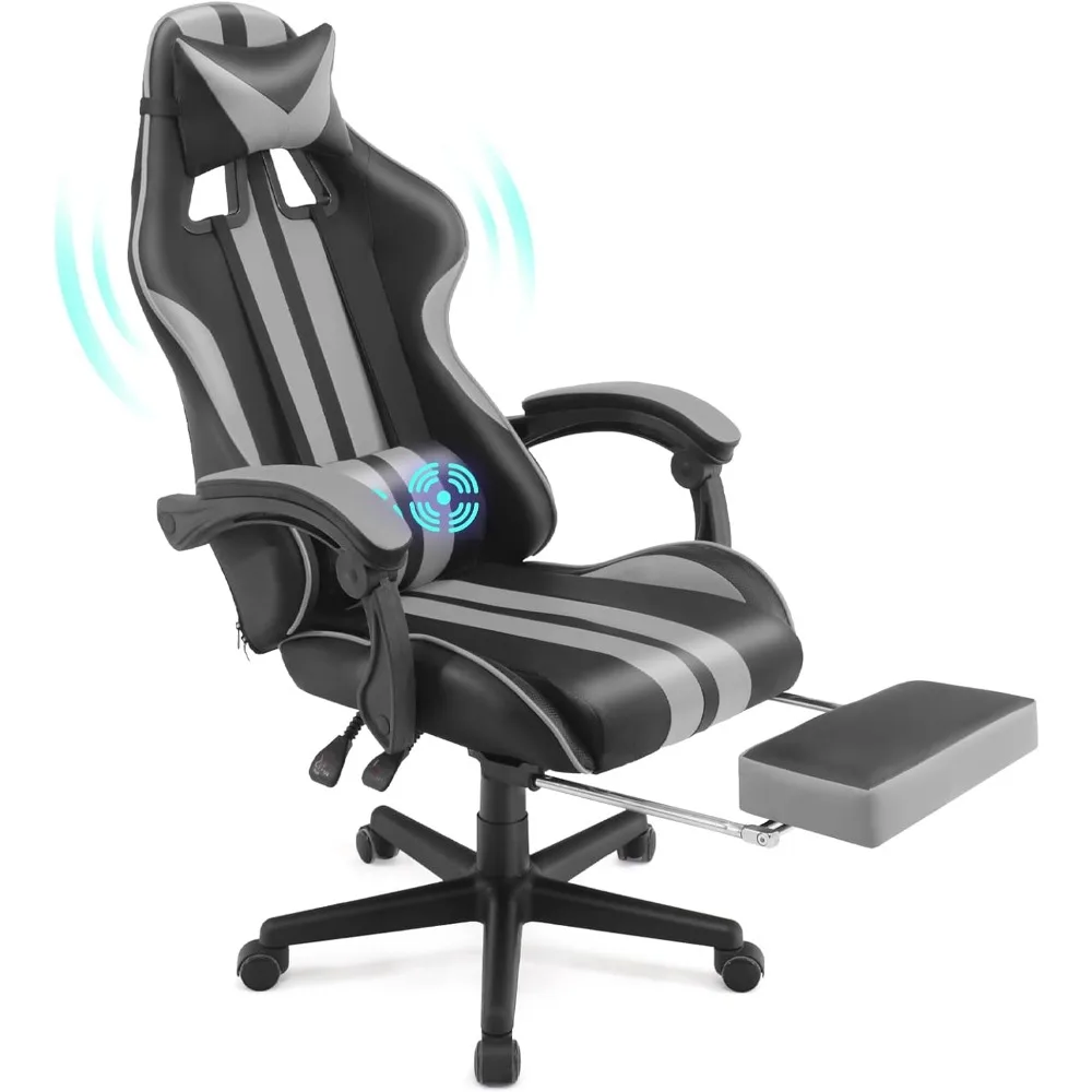 Grey Gaming Chairs with Footrest,PC Gaming Chair,Ergonomic Office Chair with Adjustable Headrest and Lumbar Support(Grey)