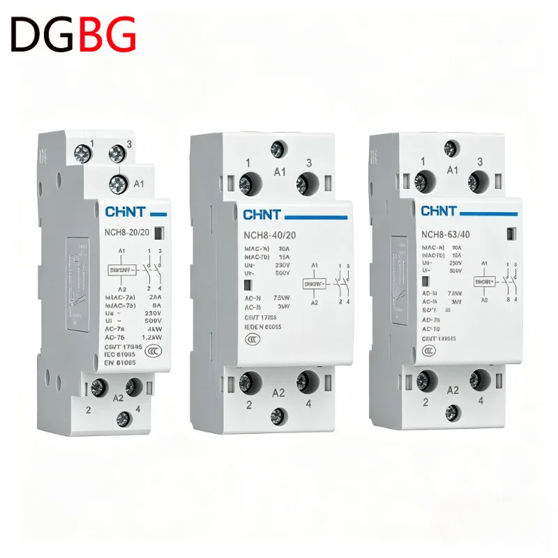 Original CHINT NCH8-20A 25A 40A 63A Modular AC household Mini Contactor 220V 230V 400V 1NO 1NC 2NO 2NC 4NO NCH8 Cable Sleeves