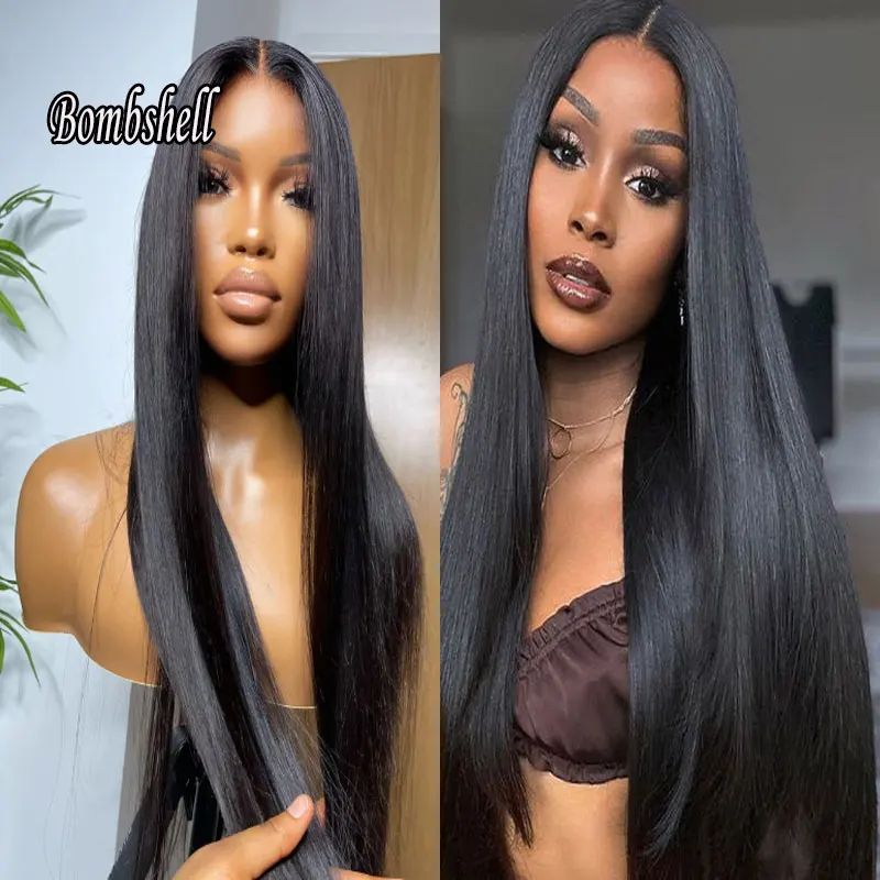 

Bombshell Jet Black Straight Synthetic 13x4 Lace Front Wigs Glueles Best Quality Heat Resistant Fiber Hair For White Women Wigs