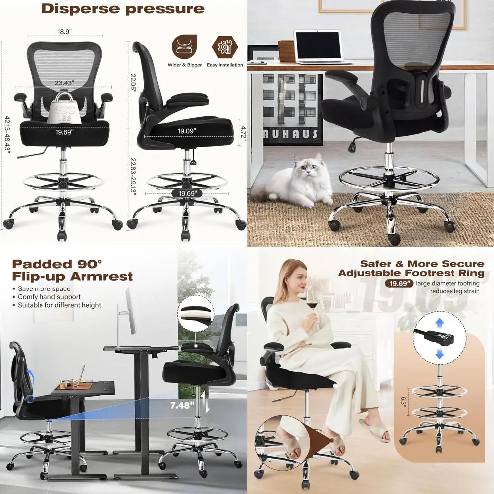 

Эргономичное офисное кресло с высокой спинкой, регулируемой поясничной опорой, подставкой для ног и мягкими откидными подлокотниками для комфортной работы из дома