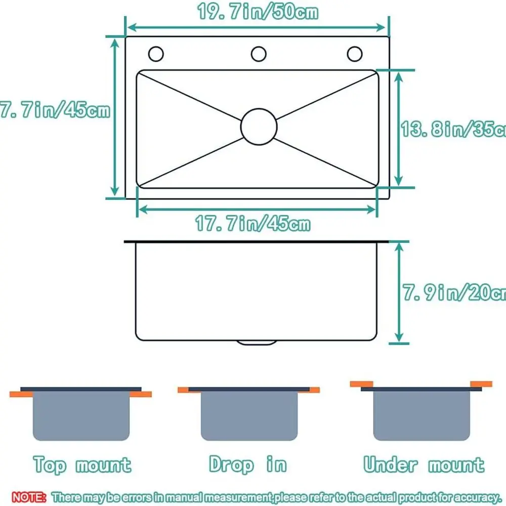 อ่างล้างจานแบบดรอปอินสีดำพร้อมที่จ่ายสบู่และตะกร้าระบายน้ำ ขนาด 19.7x17.7x7.9 นิ้ว