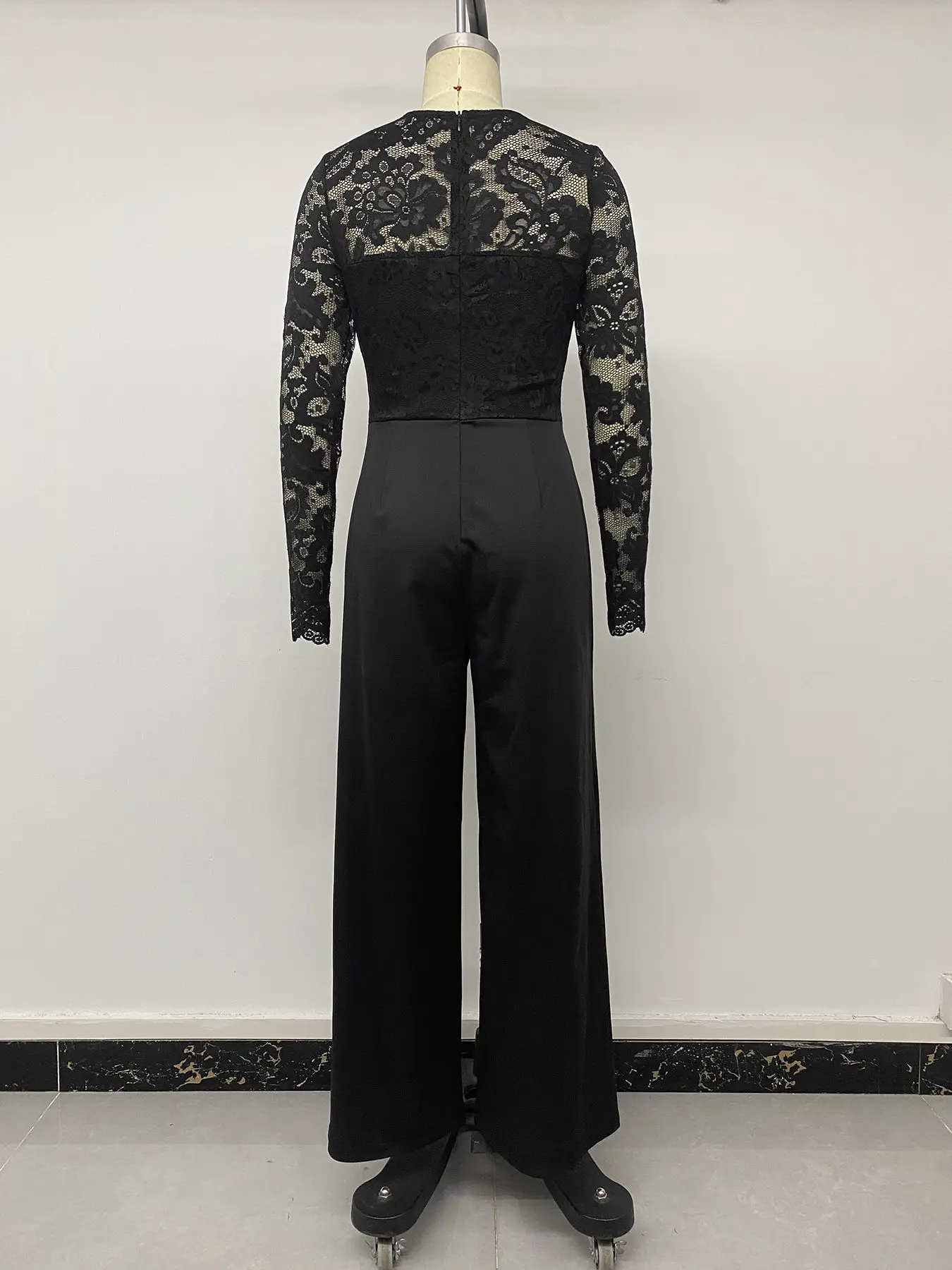 Chic 2026 Autumn and Winter Commuter Style Jumpsuit Black V-neck Lace Splicing Long-sleeved See Lace Straight Pants Jumpsuit Y2K