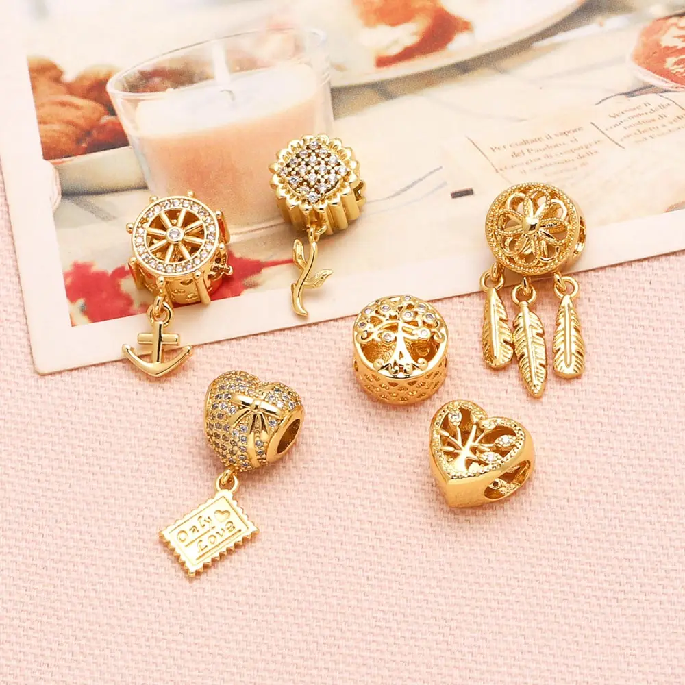 OCESRIO Boho Dream Catcher Charms for Bracelet Copper Gold Plated CZ Sunflower Heart Tree of Life accesorios de joyería chma291
