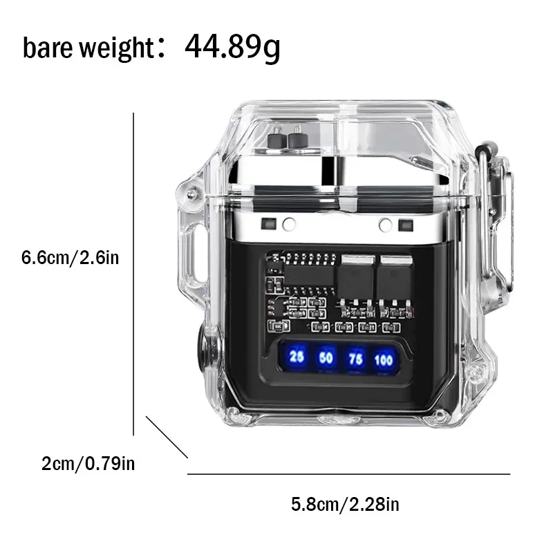 New Mecha-style Transparent Shell Waterproof Electronic Pulse Lighter Type-C Charging Power Display Lighter with Light