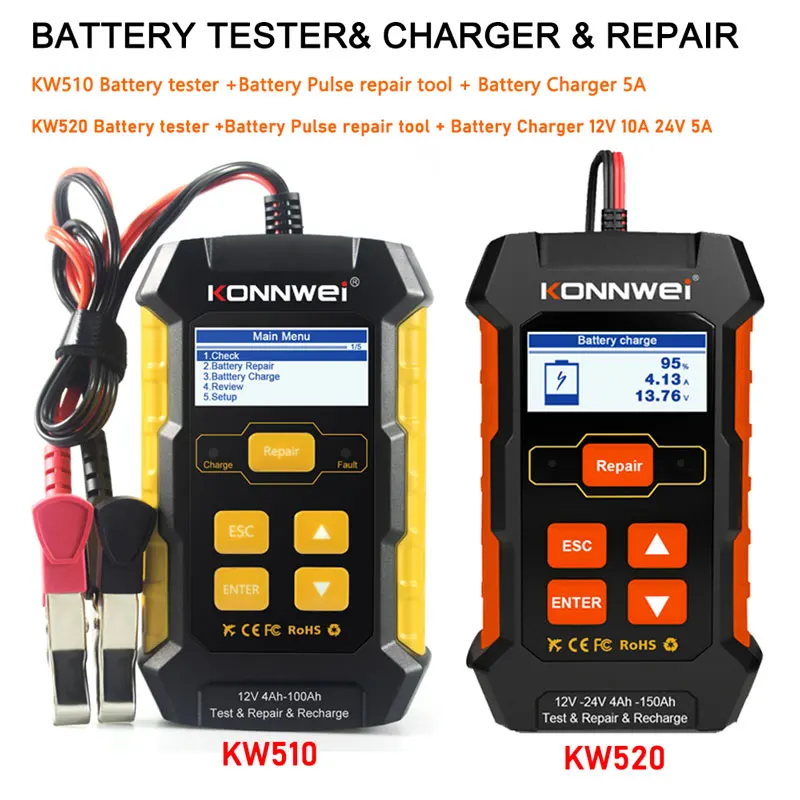 KONNWEI KW510 Full Auto 12V 5A Cars Battery Tester Pulse Repair Tools KW520 12V 10A 24V 5A Automatic Car Truck Battery Tester