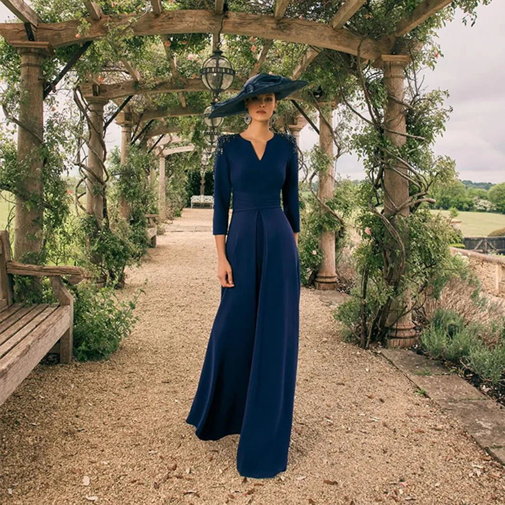 Customized Beaded Weding Guest Dresses Luxury V Neck Mother of the Bride Dress Navy Blue Elegant Party Gown for Cocktail Parties