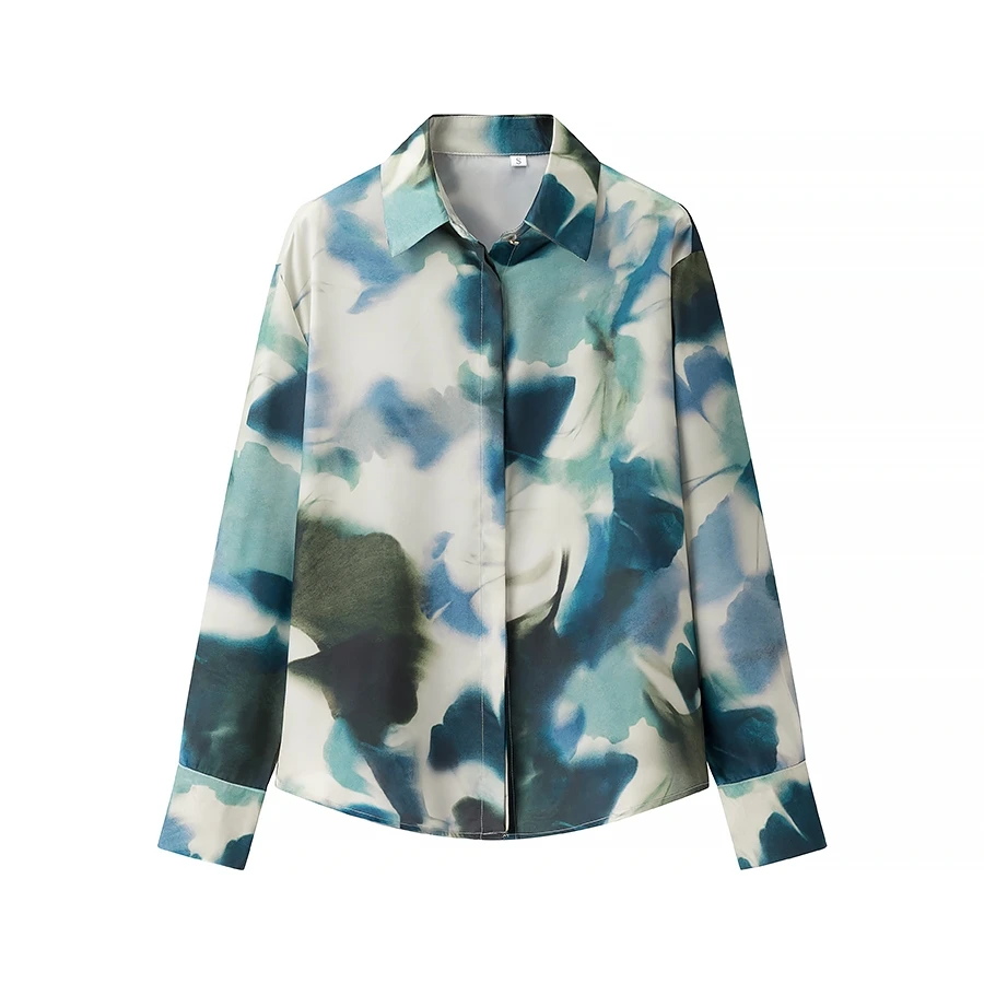 Faionable Zijde Satijn Feel irt Dames Sle Print Design 23298 JNLEAOG Nieuwe collectie Polyestervezel Lange Sve Blouse