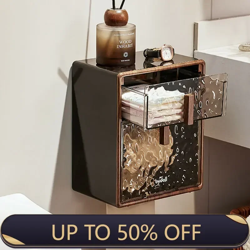 Waterproof Non Perforated Wall Mounted Toilet Paper Holder Drawer Box Storage Rack Bathroom Accessories
