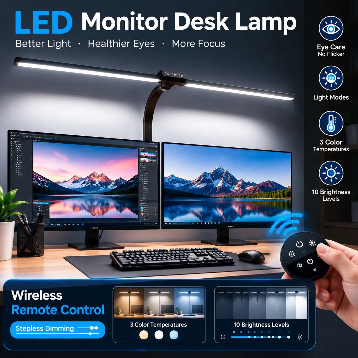 Double Single Head LED Clip Desk Lamp Dimmable Computer Monitor Light, Architect Table Lamp for Office Reading and Work