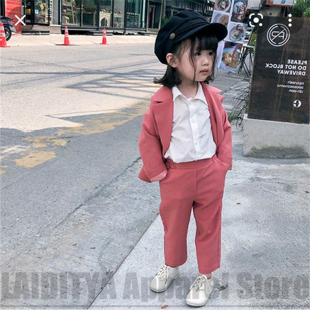 Girls Two Piece Suit Fashion Long Sleeve Blazer Pants Kids Casual Formal Outfit Chic Birthday Party Street Style Daily Wear