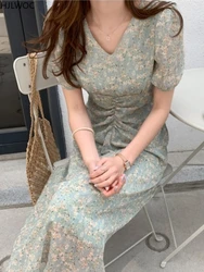 Korean Chic Dress Elegant Office Lady Temperament New 2020 Floral Print V Neck A Line Retro Vintage Dress Pink Vestidos