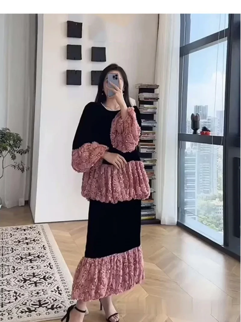 Plush Thicken Warm Warm Autumn And Winter Outfit, Fashion Spliced Black Velvet Suit Skirt + Shirt Two Piece Set w1493