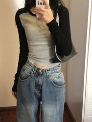 Crop Clothes Slim 2025 Plain Female Tops Fitted Kpop Coquett Polyester Tshirts 90s Vintage Women's T Shirts Long Sleeve Old Tees