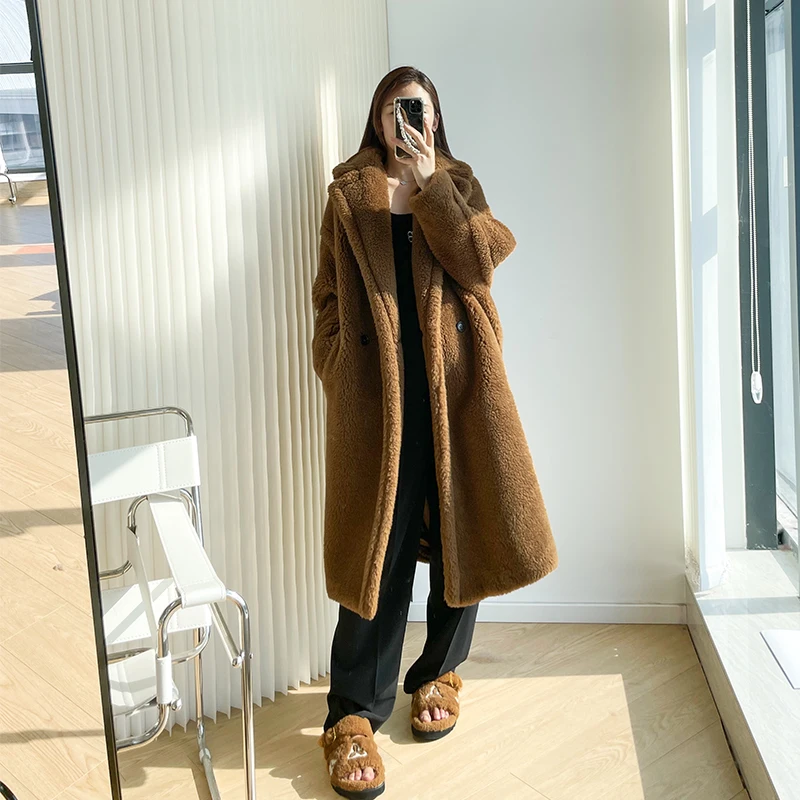 2022 Women Long Cashmere Coat Wool Woven Fabric Thick Warm Outerwear Oversize Fashion Streetwear Teddy Bear Winter Jacket