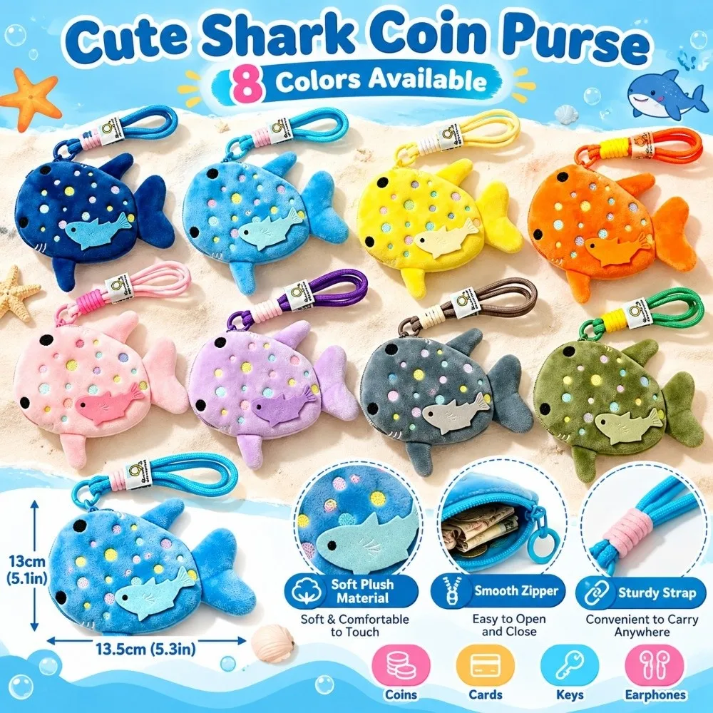 Coin Purse Blue Shark Design 13.5x13cm Small Change Bag Zipper Closure Key Earphone Pouch for Coins Keys Earphones Lipstick