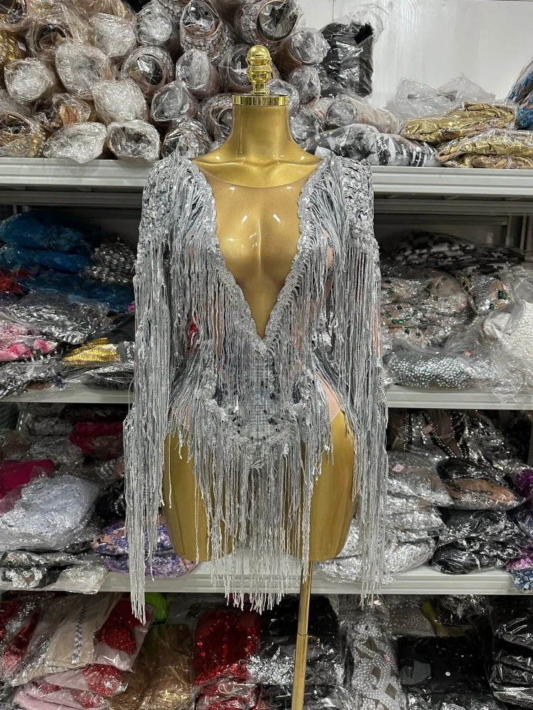 

Блестящий боди с пайетками и бахромой, женский, с длинными рукавами, облегающий, высокоэластичный, для выступлений, танцев, праздников, сценических костюмов