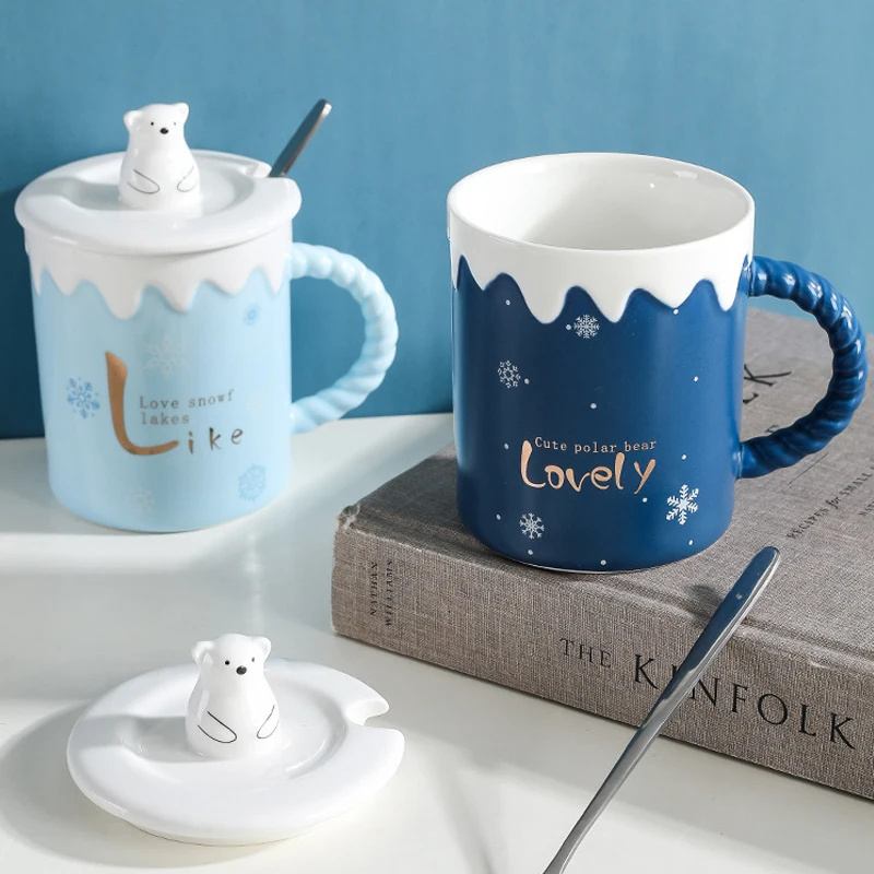 

Cute Polar Bear Ceramic Mug With Lid Spoon Coffee Cups Creative Drinkware Coffee Tea Milk Cup Gifts